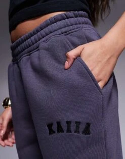 Kaiia Petite Embroidered Logo Wide Leg Joggers In Charcoal For Women -Kaiia Online Shop 207999041 4