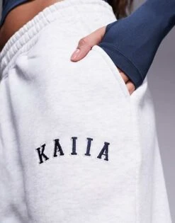Kaiia Petite Embroidered Logo Wide Leg Joggers In Light Grey For Women -Kaiia Online Shop 207999175 4