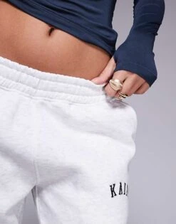 Kaiia Petite Embroidered Logo Wide Leg Joggers In Light Grey For Women -Kaiia Online Shop 207999175 5