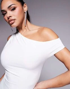 Kaiia Slinky Off Shoulder Drape Detail Fitted Waist Mini Skater Dress In White For Women -Kaiia Online Shop 208103944 3