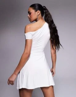 Kaiia Slinky Off Shoulder Drape Detail Fitted Waist Mini Skater Dress In White For Women -Kaiia Online Shop 208103944 4