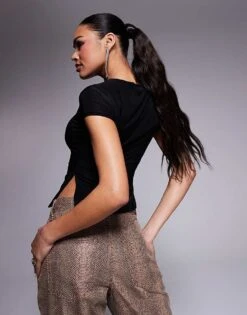 Kaiia Slinky Cap Sleeve Side Split Top In Black For Women -Kaiia Online Shop 208103954 4