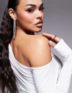 Kaiia Slinky Off Shoulder Long Sleeve Top In White For Women -Kaiia Online Shop 208103964 3