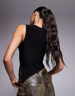 Kaiia Slinky Sleeveless Asymmetric Side Split Top In Black For Women -Kaiia Online Shop 208103974 4