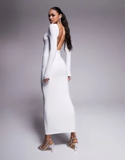 Kaiia Slinky Low Back Long Sleeve Maxi Dress In White For Women -Kaiia Online Shop 208103984 1 white 1