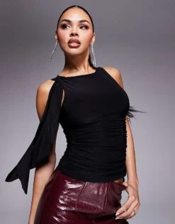 Kaiia Slinky Ruched Drape Detail Sleeveless Top In Black For Women