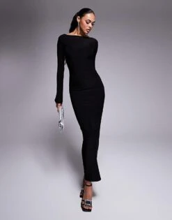 Kaiia Slinky Low Back Long Sleeve Maxi Dress In Black For Women -Kaiia Online Shop 208104024 1 black 1