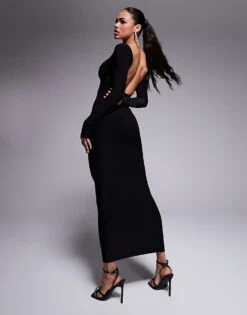 Kaiia Slinky Low Back Long Sleeve Maxi Dress In Black For Women -Kaiia Online Shop 208104024 3