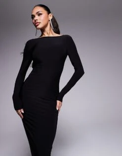 Kaiia Slinky Low Back Long Sleeve Maxi Dress In Black For Women -Kaiia Online Shop 208104024 4