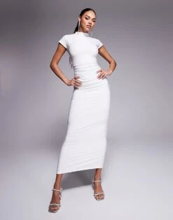 Kaiia Exclusive Slinky High Neck Cap Sleeve Bodycon Maxi Dress In Cream For Women -Kaiia Online Shop 208104025 4