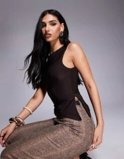 Kaiia Slinky Sleeveless Asymmetric Side Split Top In Chocolate For Women -Kaiia Online Shop 208104044 1 chocolate 1