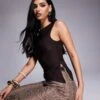 Kaiia Slinky Sleeveless Asymmetric Side Split Top In Chocolate For Women -Kaiia Online Shop 208104044 1 chocolate