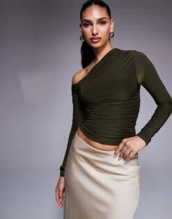 Kaiia Slinky Off Shoulder Long Sleeve Top In Khaki For Women -Kaiia Online Shop 208104064 1 khaki 1