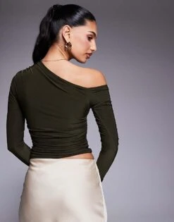 Kaiia Slinky Off Shoulder Long Sleeve Top In Khaki For Women -Kaiia Online Shop 208104064 4