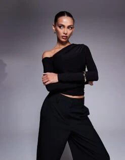 Kaiia Slinky Off Shoulder Long Sleeve Top In Black For Women