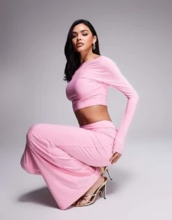 Kaiia Slinky Long Sleeve Low Back Top And Maxi Skirt Co-ord In Pink -Kaiia Online Shop 208104104 1 pink 1