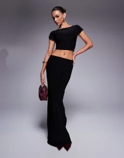 Kaiia Slinky Low Back Top & Column Maxi Skirt Co-ord In Black