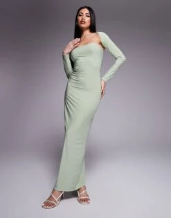 Kaiia Slinky Bandeau Maxi Dress With Long Sleeve Shrug In Sage For Women Sage Green