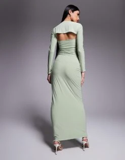 Kaiia Slinky Bandeau Maxi Dress With Long Sleeve Shrug In Sage For Women Sage Green -Kaiia Online Shop 208193877 3