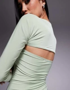 Kaiia Slinky Bandeau Maxi Dress With Long Sleeve Shrug In Sage For Women Sage Green -Kaiia Online Shop 208193877 4